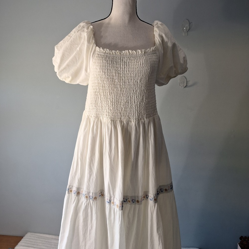 Rachel Zoe Milk Maid Puff Sleeves Tier Midi/Maxi Dress Womens 8 Ivory Prairie